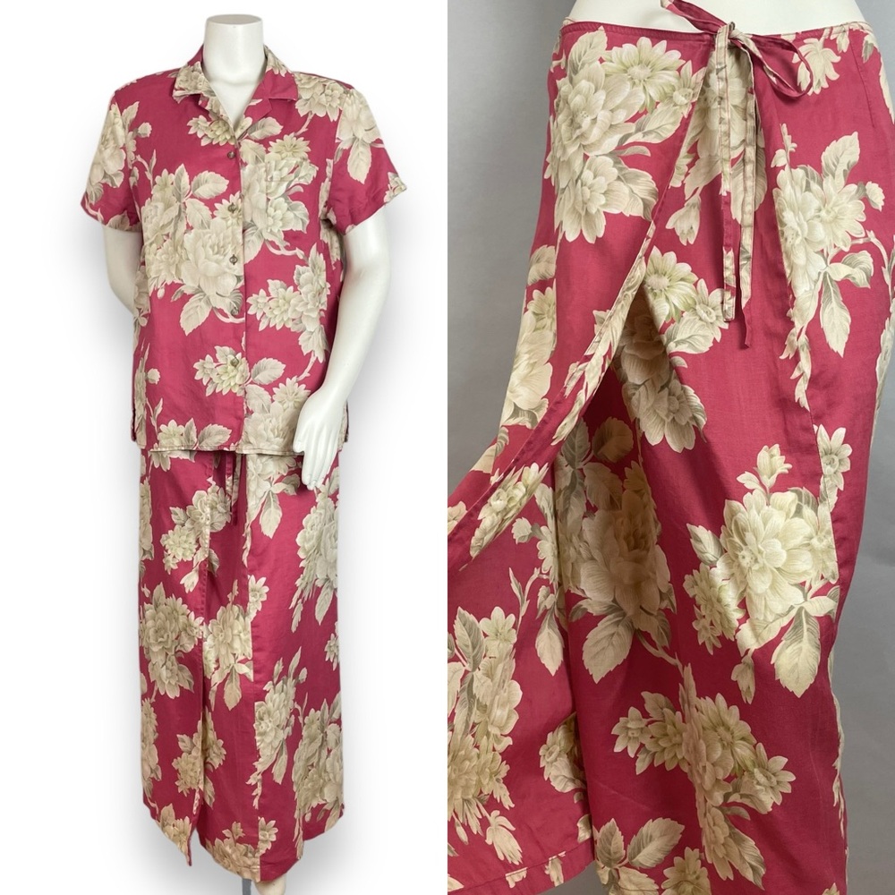 Evan-Picone Two Piece Dress Wrap Skirt Top Matching Floral Faded Red Size 10 Med